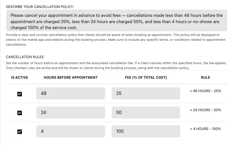 Charge for no-show and late cancellation