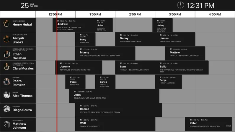 Walk-in queue displayed on barbershop TV screen